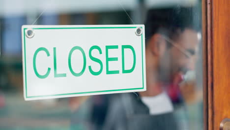 door closed sign, smile and restaurant man