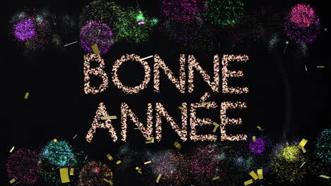 animation of fireworks and text bonne annee on black background