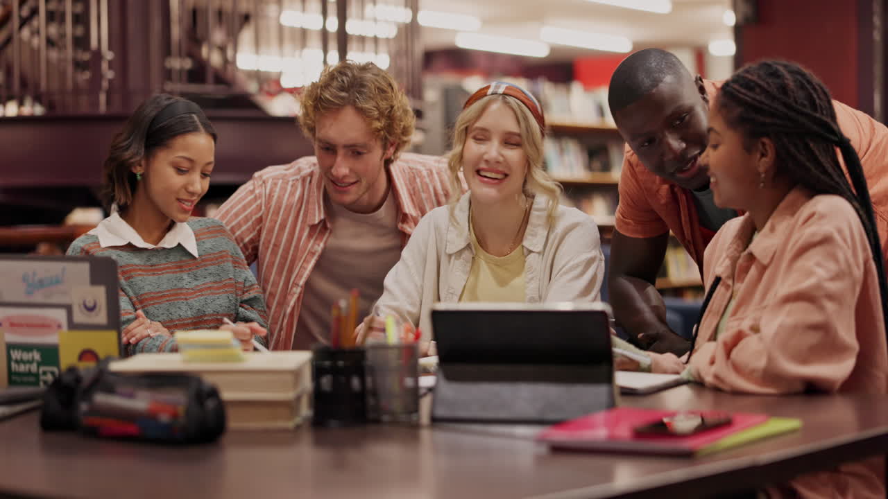 Group of students studying together in the library