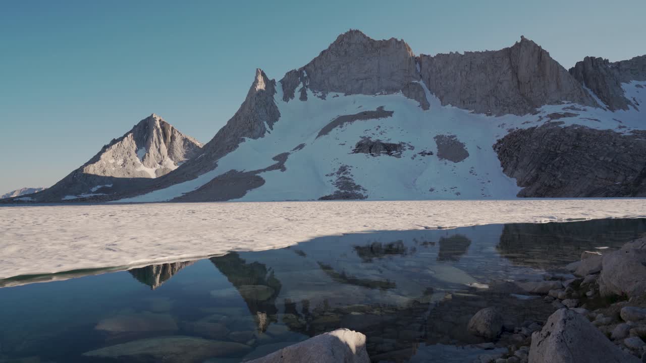 Snow covered Royce Peak and ice on Royce Lake