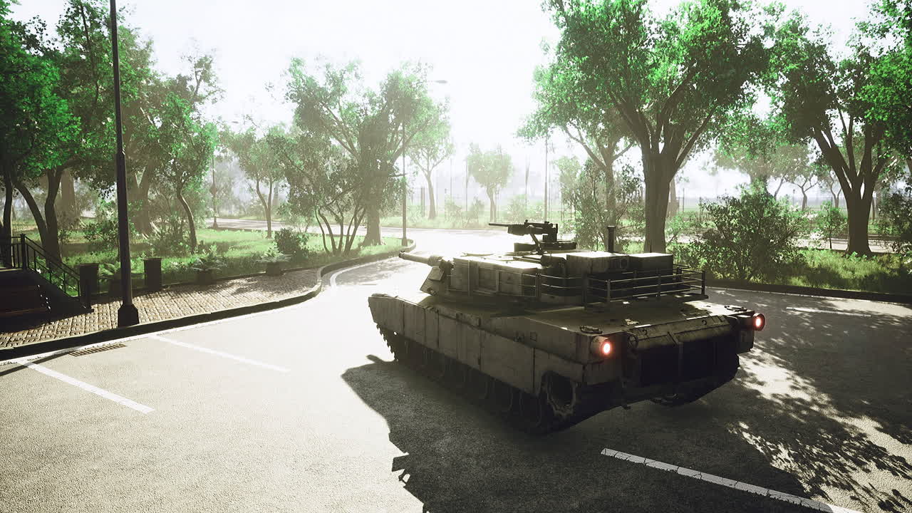 Military tank driving through a quiet urban park during daylight hours