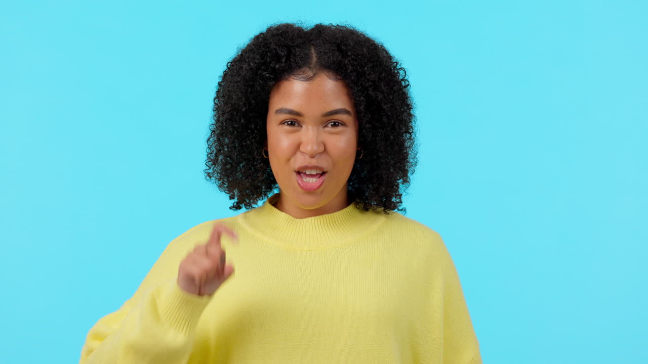 Face, call me and funny woman pointing isolated