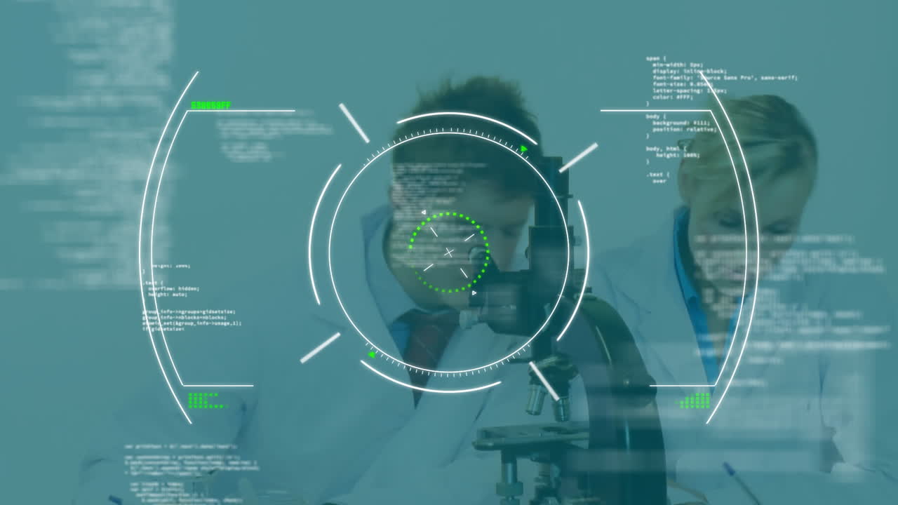 Scientists working with microscope, data analysis animation over laboratory scene