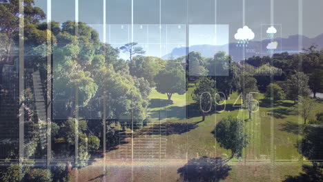 animación de pronóstico del tiempo sobre paisaje de parque pintoresco con árboles y montañas