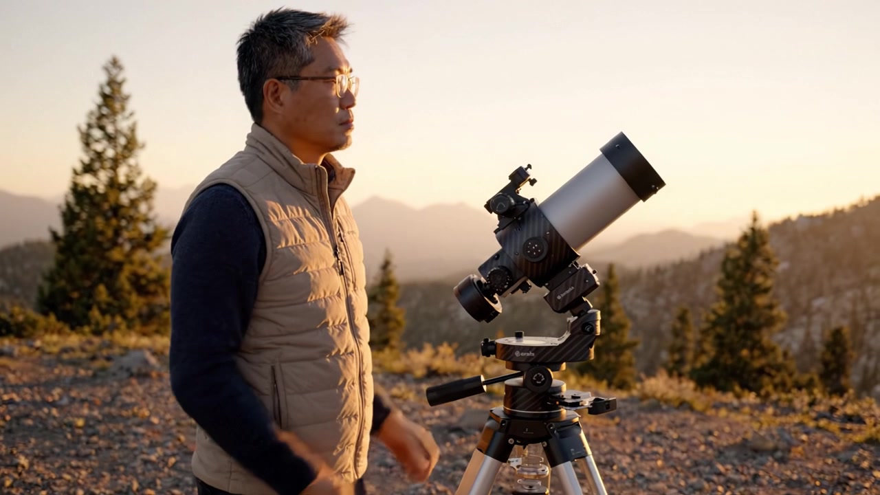 Astronomer Adjusting Telescope at Sunset in a Mountain Landscape, Preparing for a Night of Stargazing and Celestial Exploration Under the Clear Sky