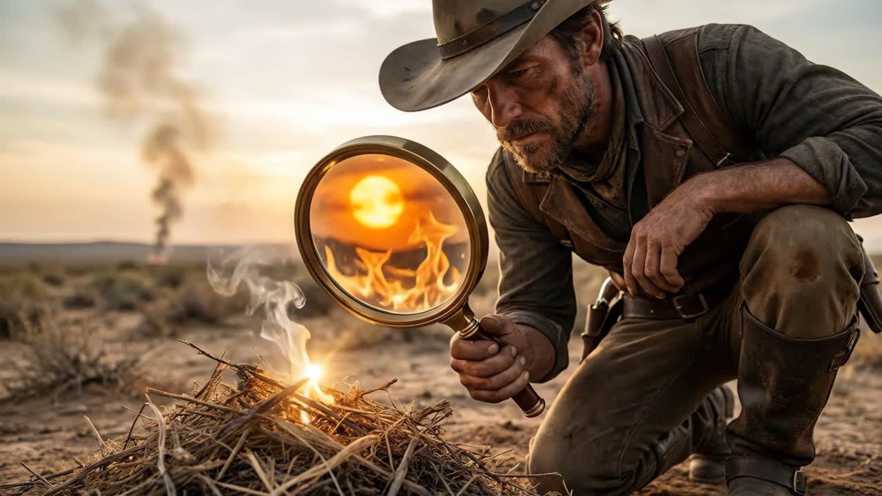 Cowboy som undersøker med forstørrelsesglass i ørkenen