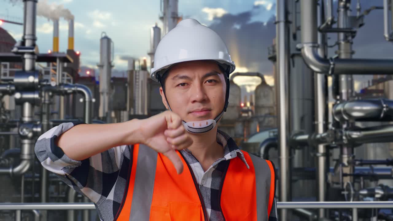 Close Up Of Asian Male Engineer With Safety Helmet Showing Thumbs Down Gesture And Shaking His Head While Standing In a Refinery, Oil Processing Equipment And Machinery