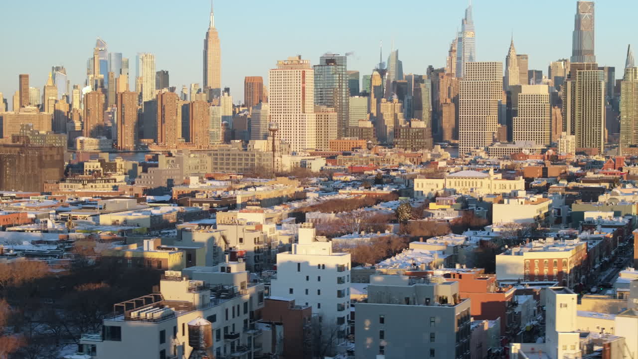 Aerial view of New York City on a winter morning. Shot in Brooklyn