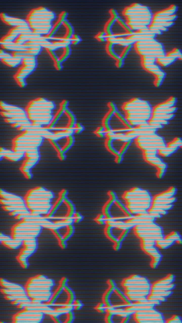 Efeito de vídeo retro de querubins com arcos em estilo glitch