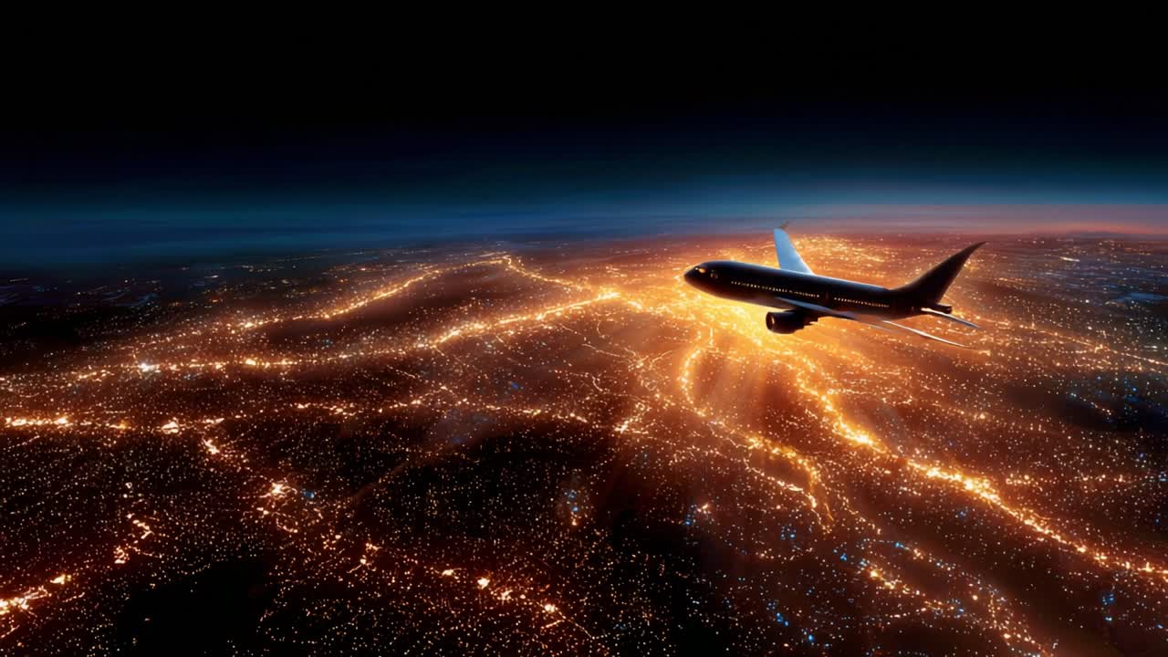 A Stunning Aerial View of a Jet Airplane Flying Over a Dazzling Cityscape Illuminated by Night Lights, Capturing the Beauty of Urban Life from Above