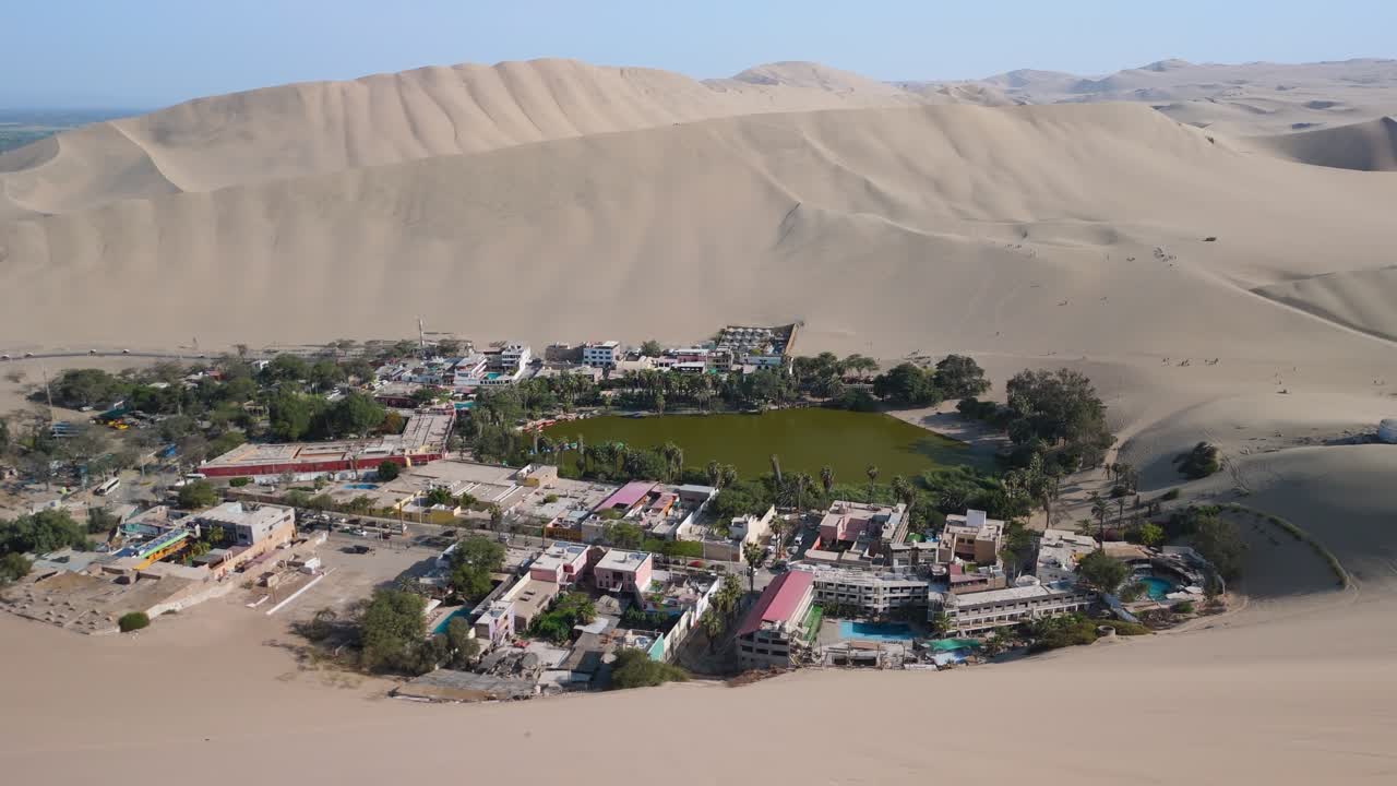 Stunning panoramic aerial view of Huacachina oasis, a small village built around a natural lake and surrounded by massive desert dunes in Peru