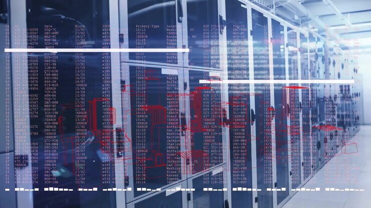 System activating, server racks showing HUD overlays intensifying and marking zones for diagnostics