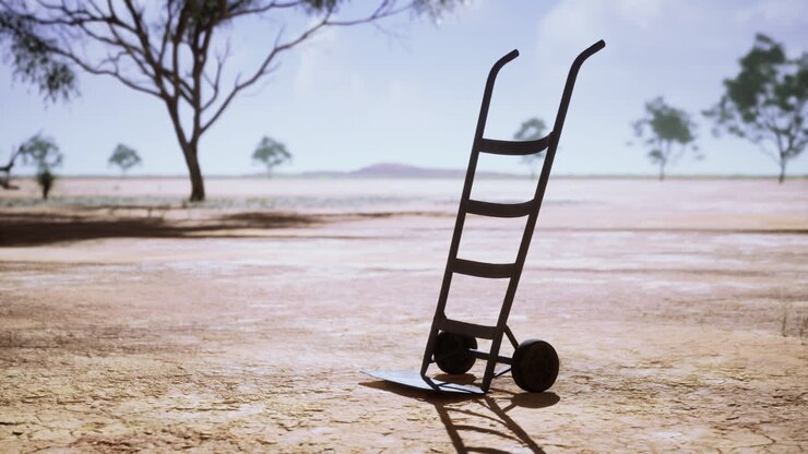 Landscape featuring a hand truck near dry terrain under bright sunlight