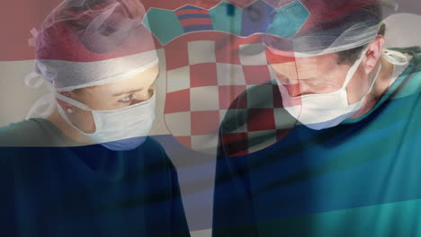 animation of flag of croatia waving over surgeons in operating theatre