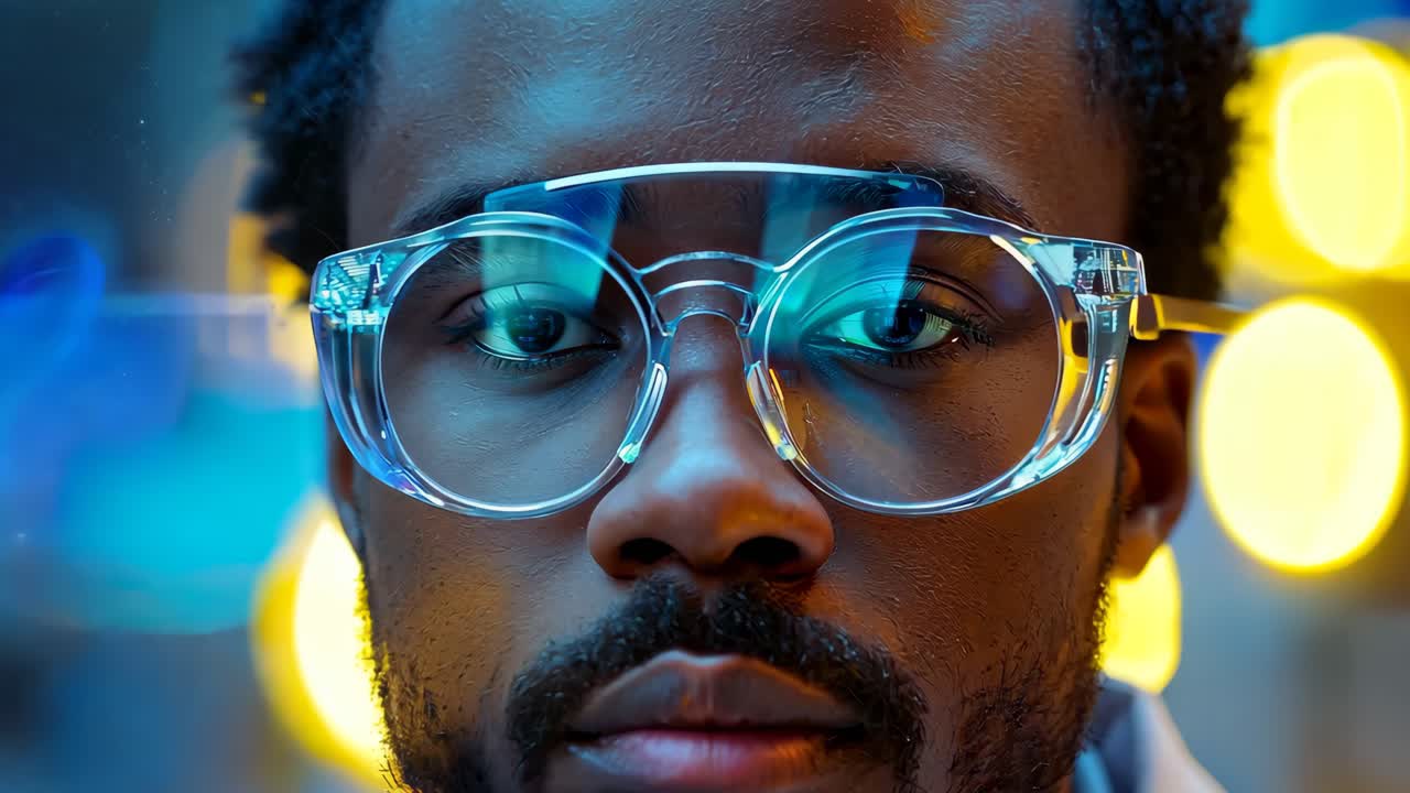 A man wearing glasses and a white lab coat. He is looking at the camera. The image has a scientific or medical theme