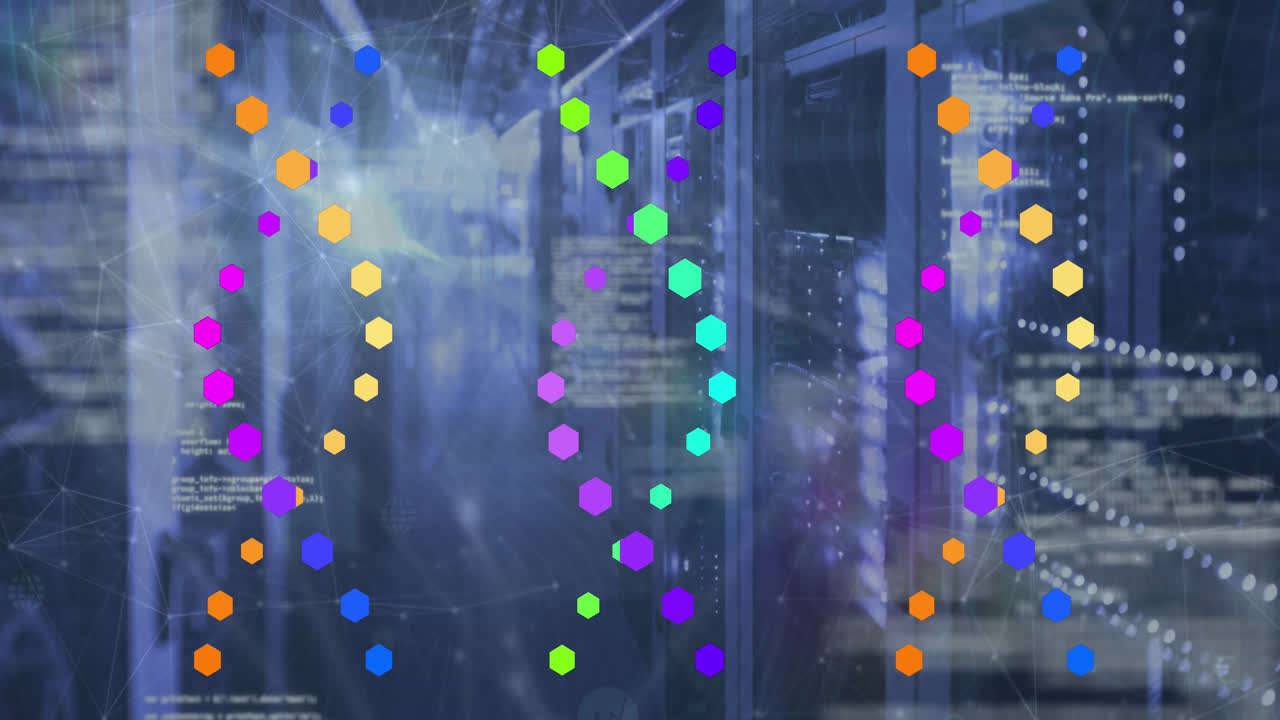 Animation of data processing over dna strands and server room