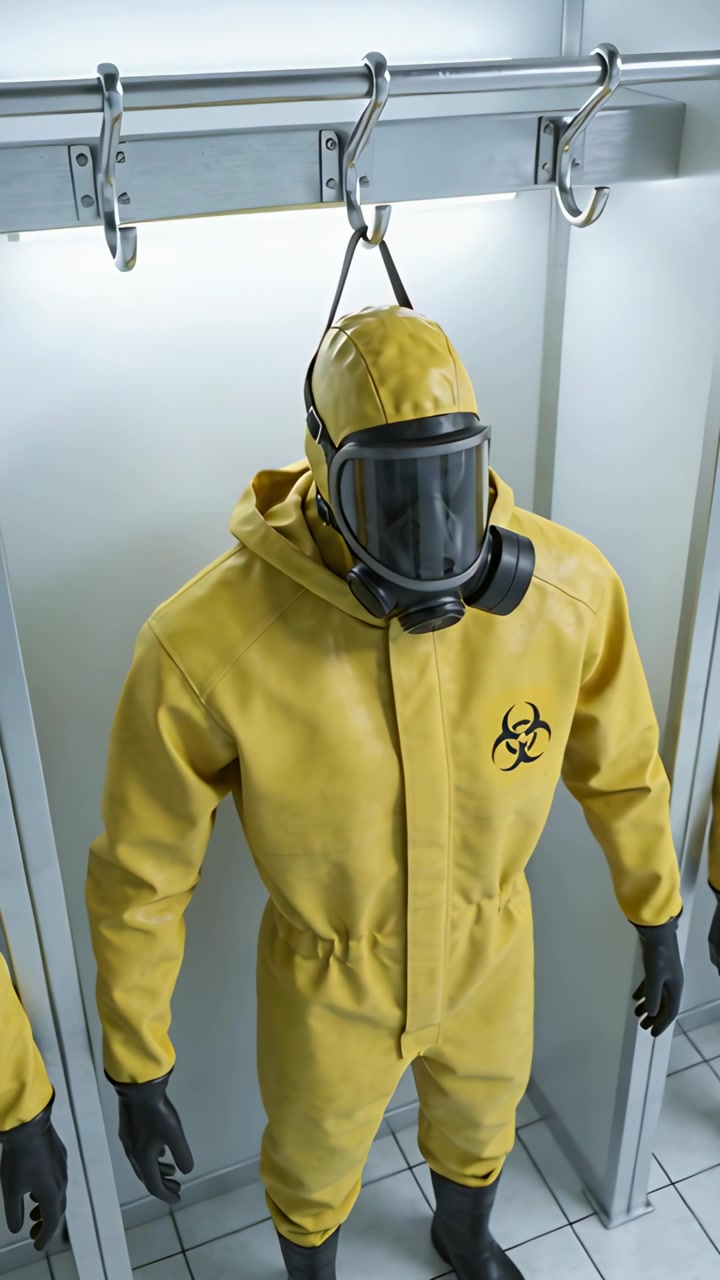 Vertikal video: Kameran vinklas och avslöjar en gul skyddsdräkt i en bås, visar mask och biohazard-symbol.