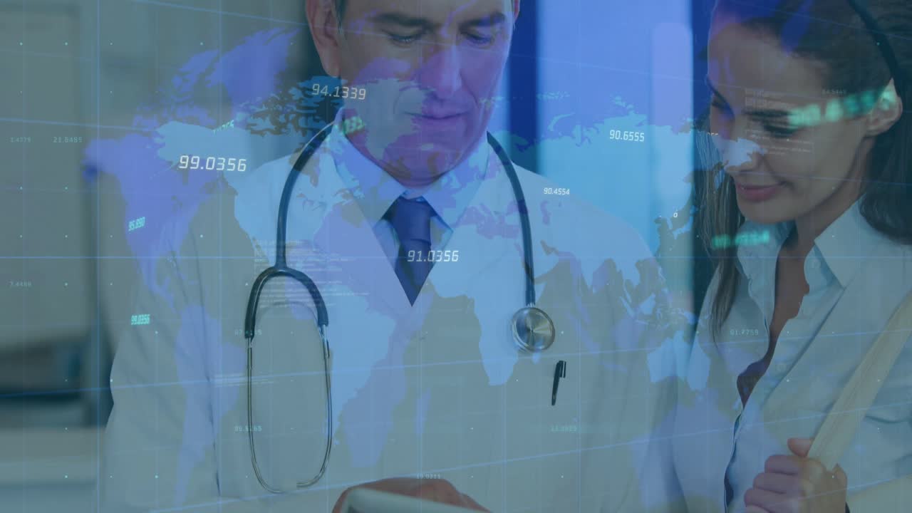 animación de datos y mapa del mundo sobre diversas mujeres y hombres médicos hablando