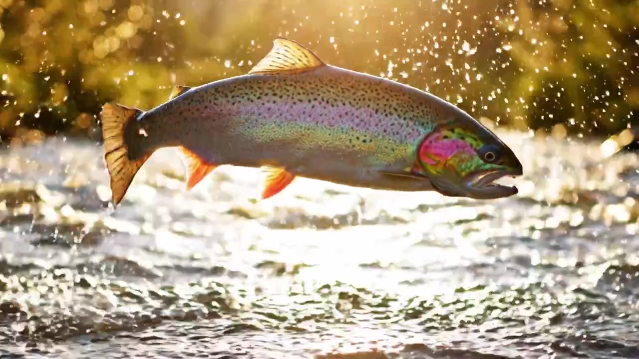 En levende regnbueørret hopper ut av det glitrende vannet under det glødende sollyset, og skaper en vakker scene av naturens majestet fanget i to bilder.