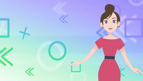 animation of woman icon over shapes on blue background