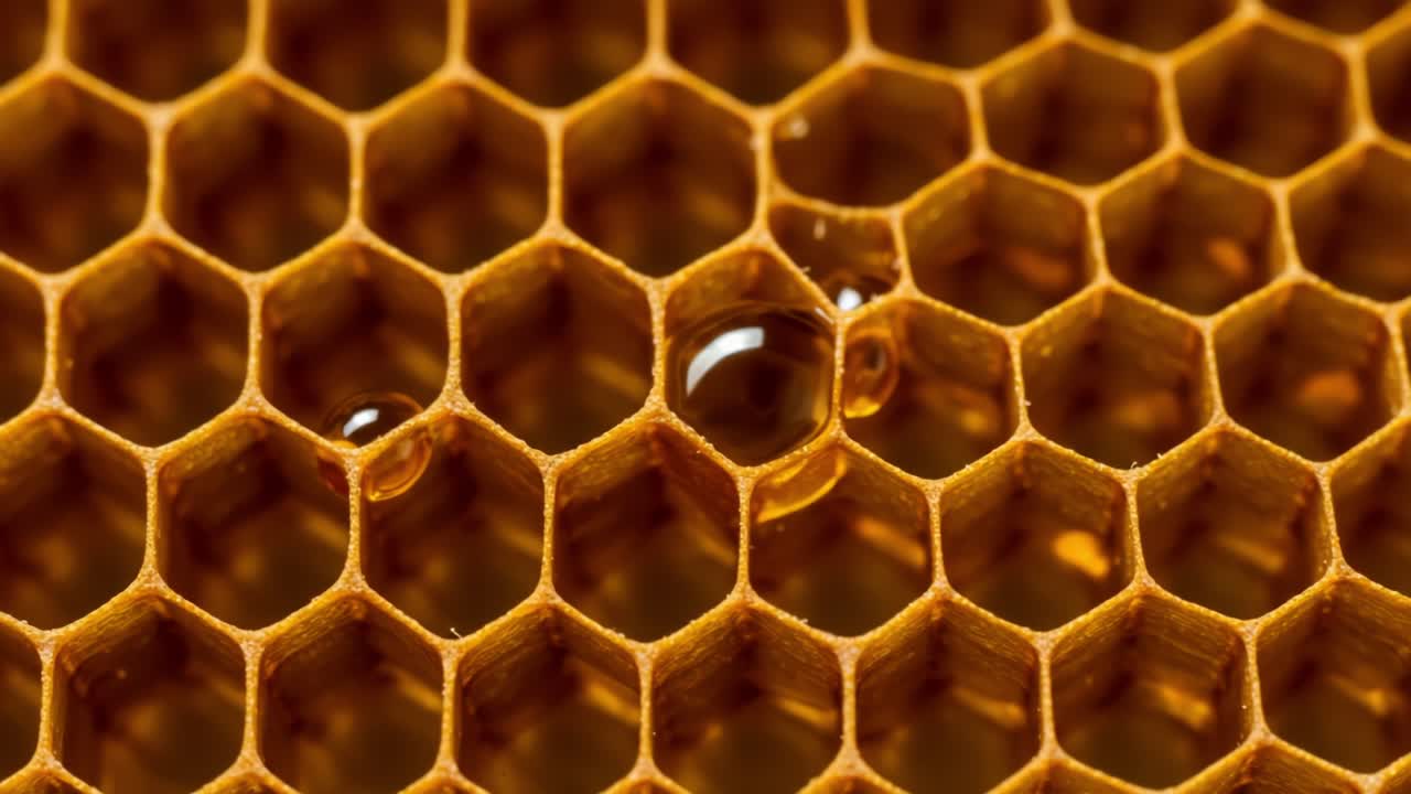 Magnificent Close-Up of Honeycomb Structure Highlighting Beautifully Crafted Hexagonal Cells Filled with Honey and Glimmering Droplets in Natural Form
