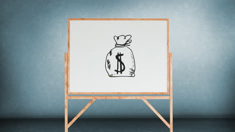 bolsa marrón con un signo de dólar en un tablero blanco