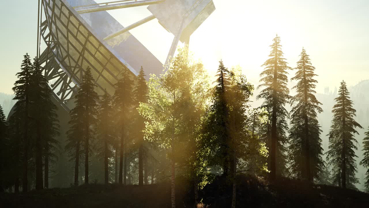 해가 지는 날 숲 속 에 있는 천문대 라디오 망원경