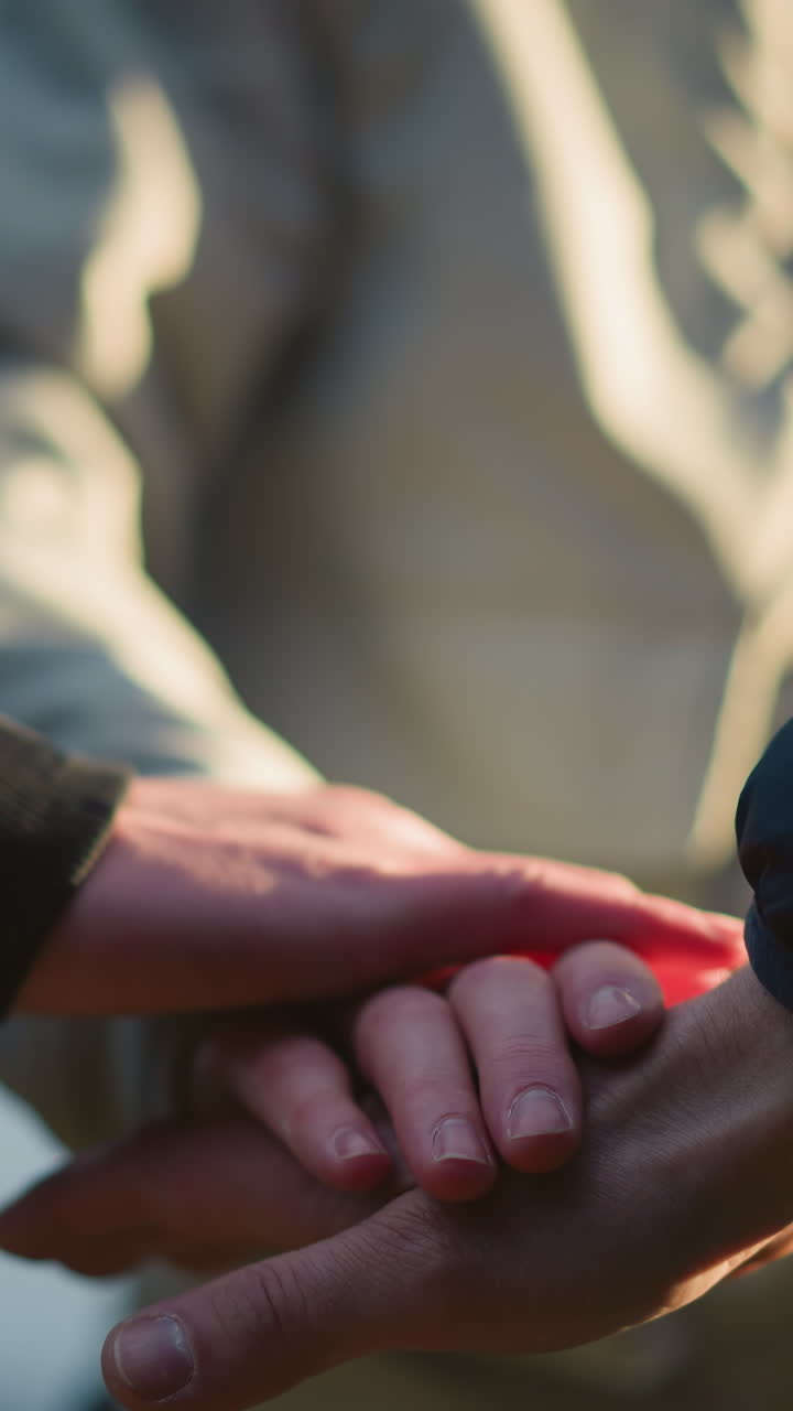 primer plano de tres individuos apilando sus manos en un gesto de unidad y trabajo en equipo, con un fondo borroso que incluye a alguien que lleva una chaqueta gris