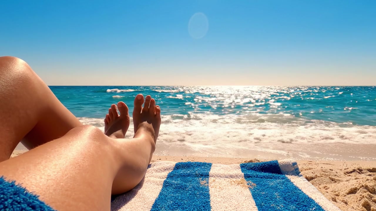 A Serene Beach Escape: Relaxing by the Sparkling Ocean with a Beautiful Coastal View on a Warm, Sunny Day