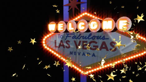 composite video of multiple golden star icons falling against welcome to las vegas signboard