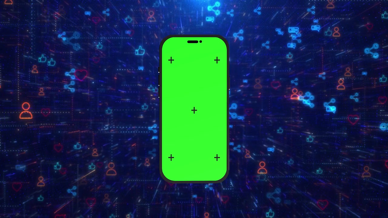 Mobile social app chroma visual with green phone screen tracking crosses and colorful digital icons