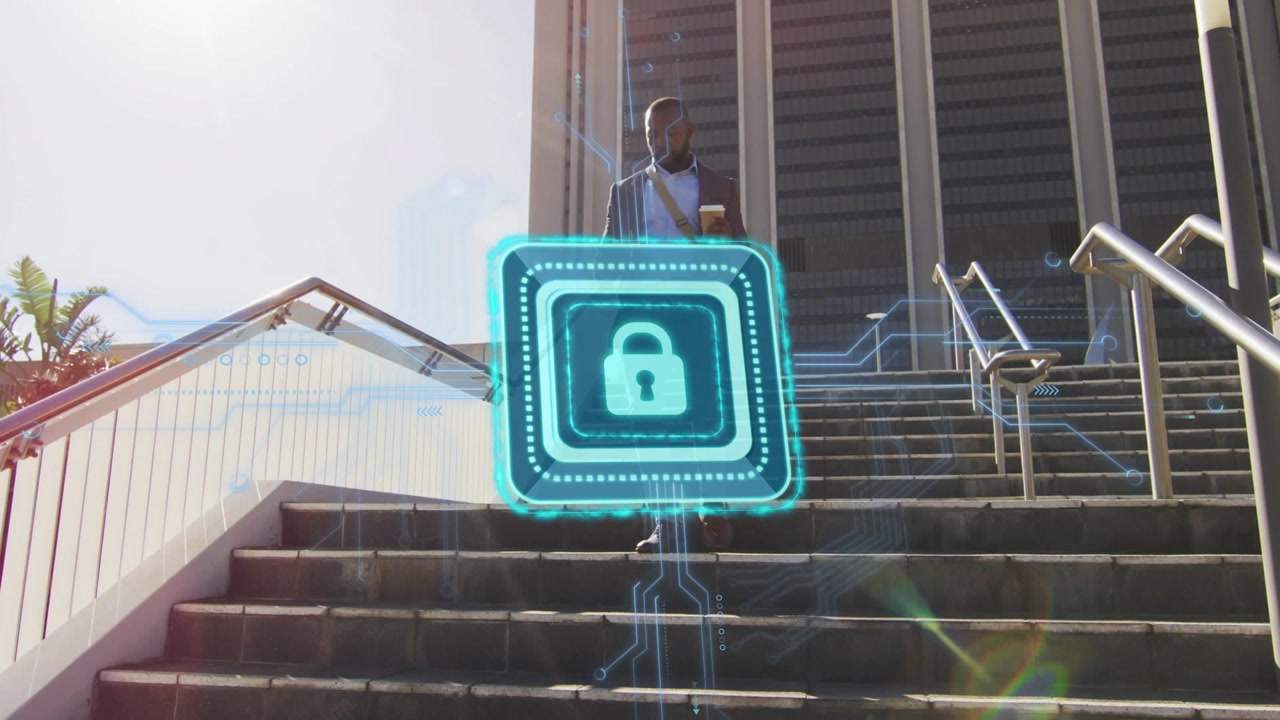 Man holding coffee and bag walking down stairs with cyan lock appearing, tracking security access