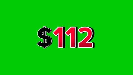 Animation number $112 dollar sign motion graphics, red font with white and black outlines green screen background vibrant red numbers. Video 3D effect with shadows for video elements business concept