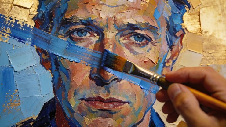 La mano destra entra in scena, un artista stende una striscia blu su un ritratto a impasto nello studio, aggiungendo contrasto.