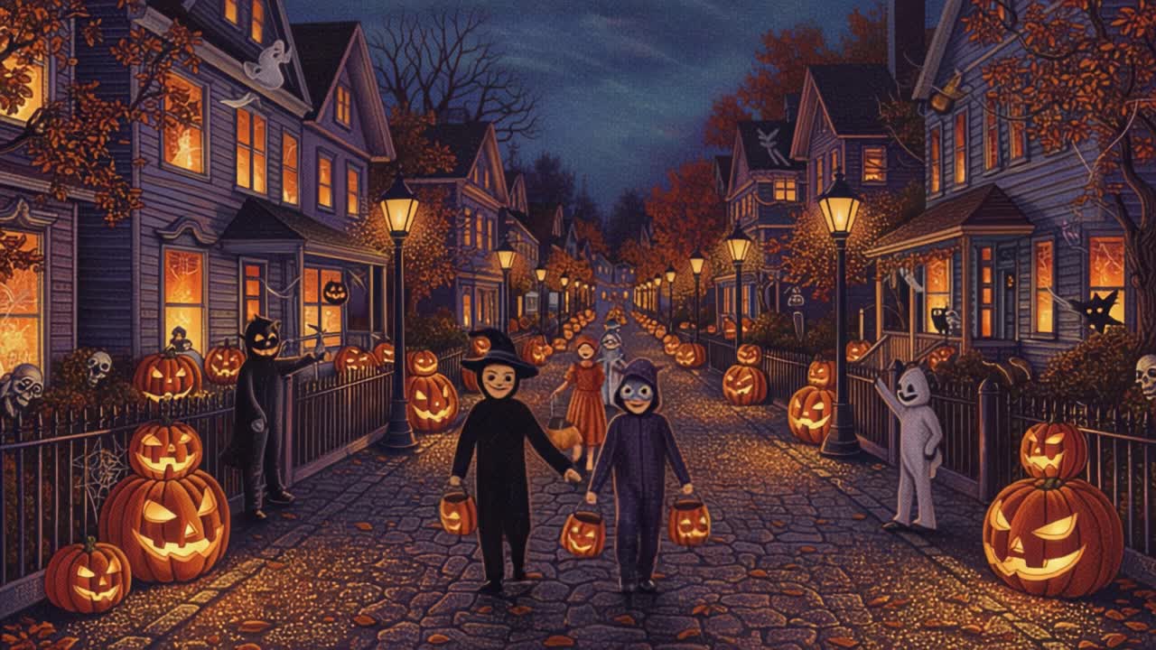Whimsical Halloween Night in a Charming Neighborhood: Children in Costumes Walk Hand in Hand with Jack-o'-Lanterns Illuminating the Spooky Streets