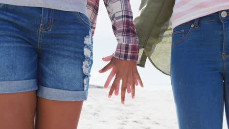 midsection of diverse female gay couple holding hands walking along beach