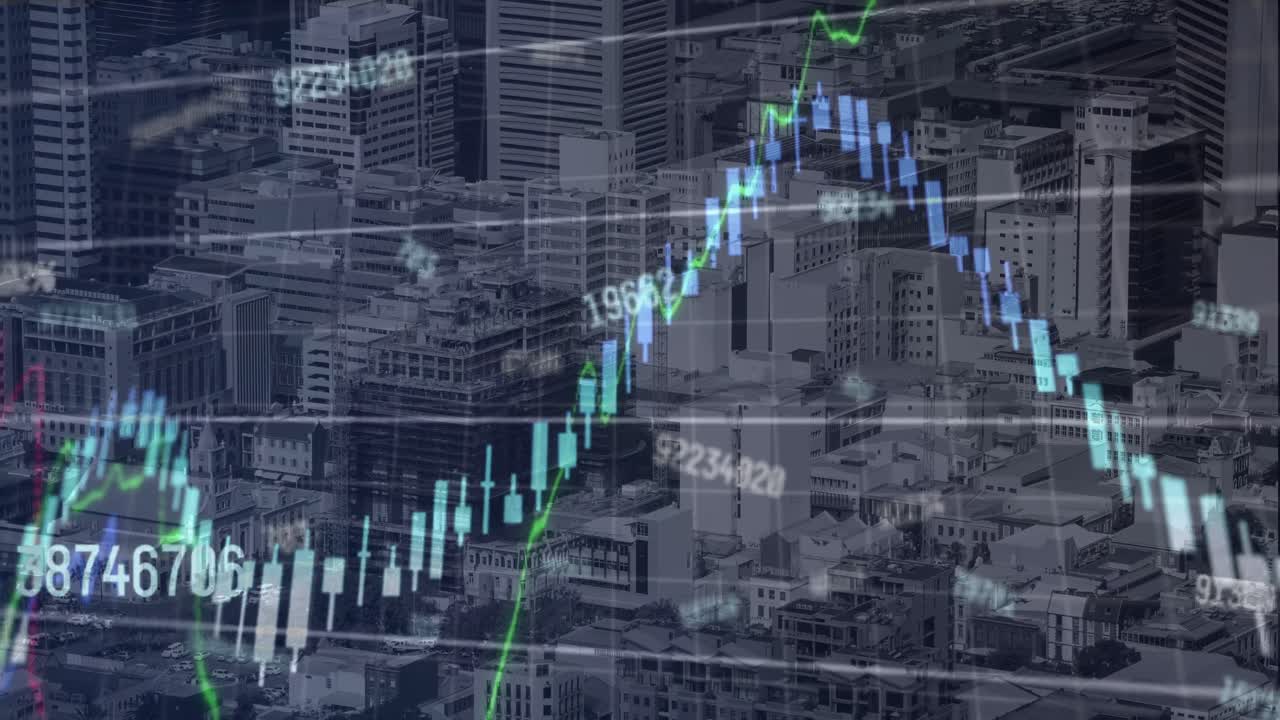 도시 풍경 위의 데이터 처리 애니메이션