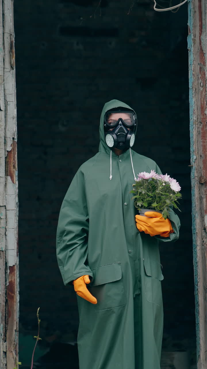 Person at post-apocalyptic place. Man in protective suit with flowers in abandoned place after ecological disaster. Emission of radiation. Vertical video