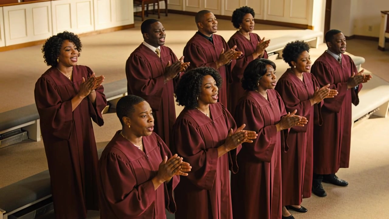 As worship song begins, clapping church choir members singing at front sanctuary with maroon robes