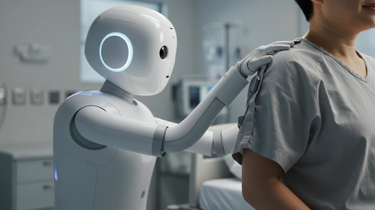 A Futuristic Healthcare Scene Featuring a Compassionate Robot Assisting a Patient in a Modern Medical Environment, Showcasing the Integration of Technology in Care