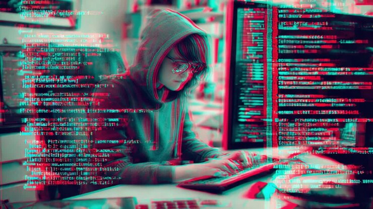 Un programmatore concentrato in una stanza poco illuminata, impegnato a programmare, circondato da flussi di codice colorato e apparecchiature informatiche per lo sviluppo creativo