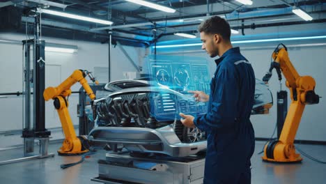 engineer using holographic interface in future car factory