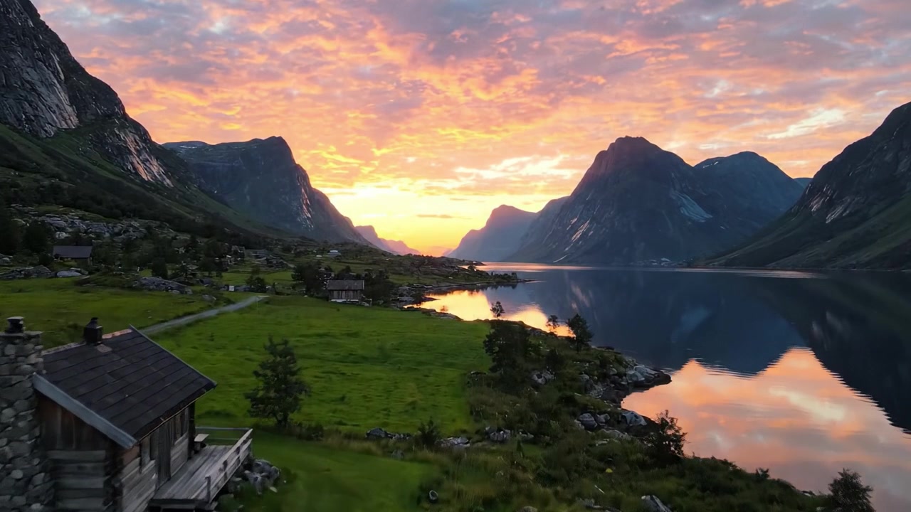 Malerischer Herbstsonnenaufgang über majestätischen Bergen und einem ruhigen See mit einer charmanten Hütte im Vordergrund, eingefangen in einem atemberaubenden Rahmen der Schönheit der Natur