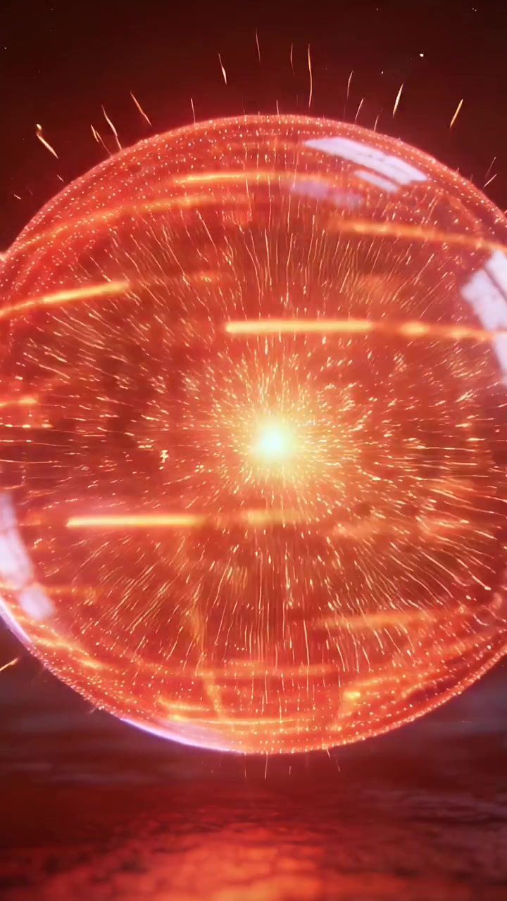 Vertical video: Activating red hologram orb pulsing above shiny floor core glowing emitting sparks