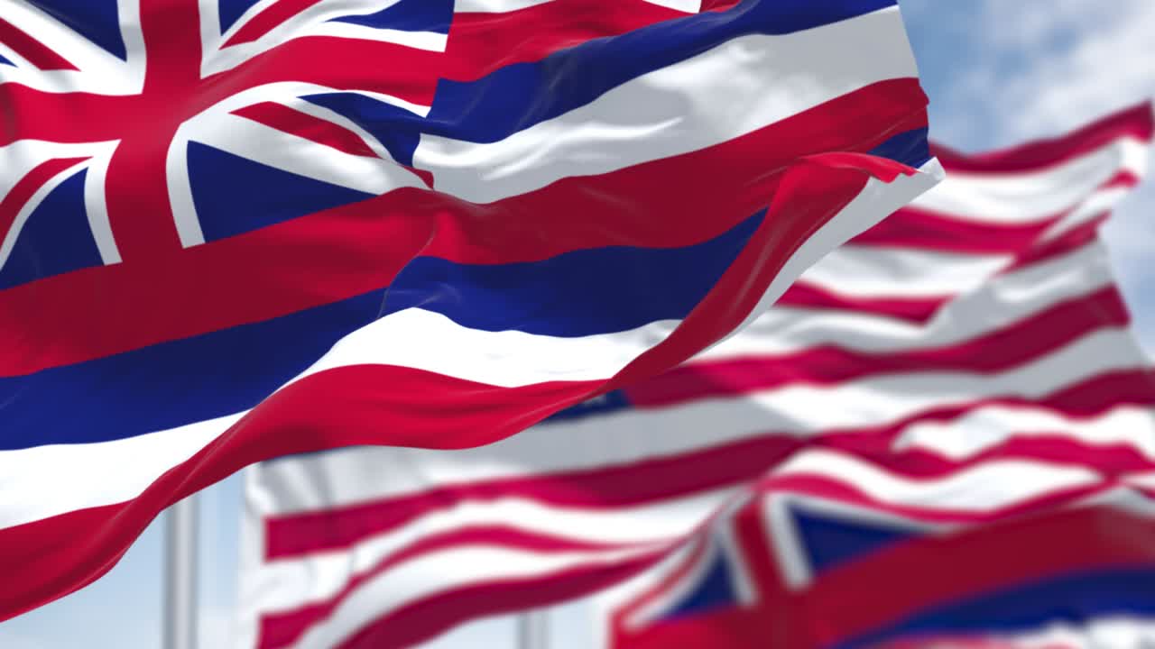 Loop continuo al rallentatore con due bandiere dello stato delle Hawaii che sventolano insieme alla bandiera nazionale degli Stati Uniti d'America