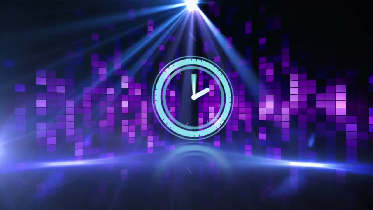 Animation of scanner with clock face over dance floor with flashing purple lights and spotlight