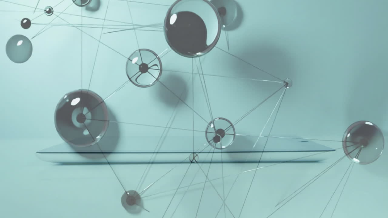 서로 연결된 노드와 선의 네트워크, 밝은 파란색 배경의 애니메이션