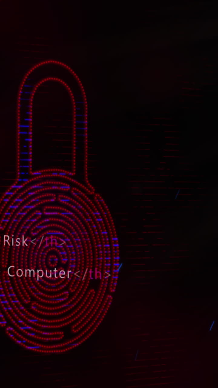 animación del candado de seguridad de huellas dactilares biométricas en línea, codificación binaria y procesamiento de datos