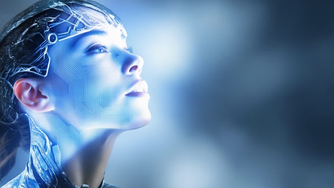Un retrato futurista de una mujer con una interfaz de alta tecnología, con la mirada hacia arriba simbolizando esperanza, inteligencia y la fusión de tecnología y humanidad