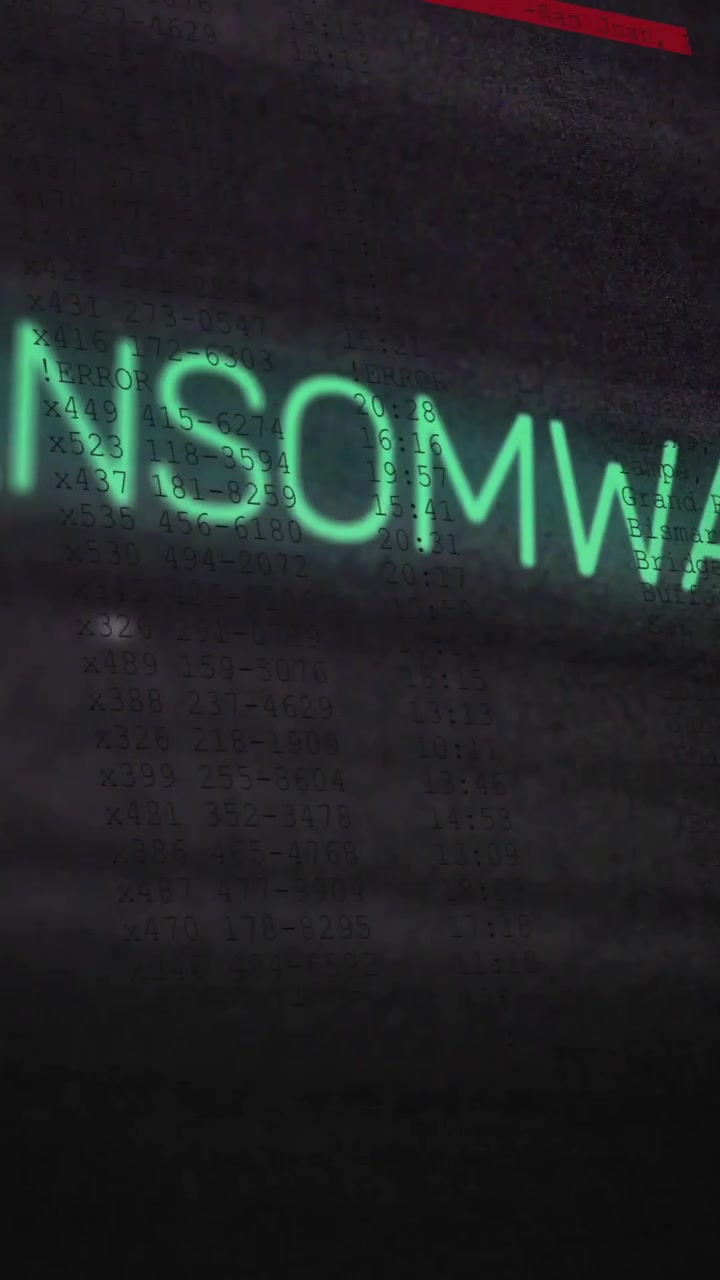 Animation of ransomware text and digital data processing over black background